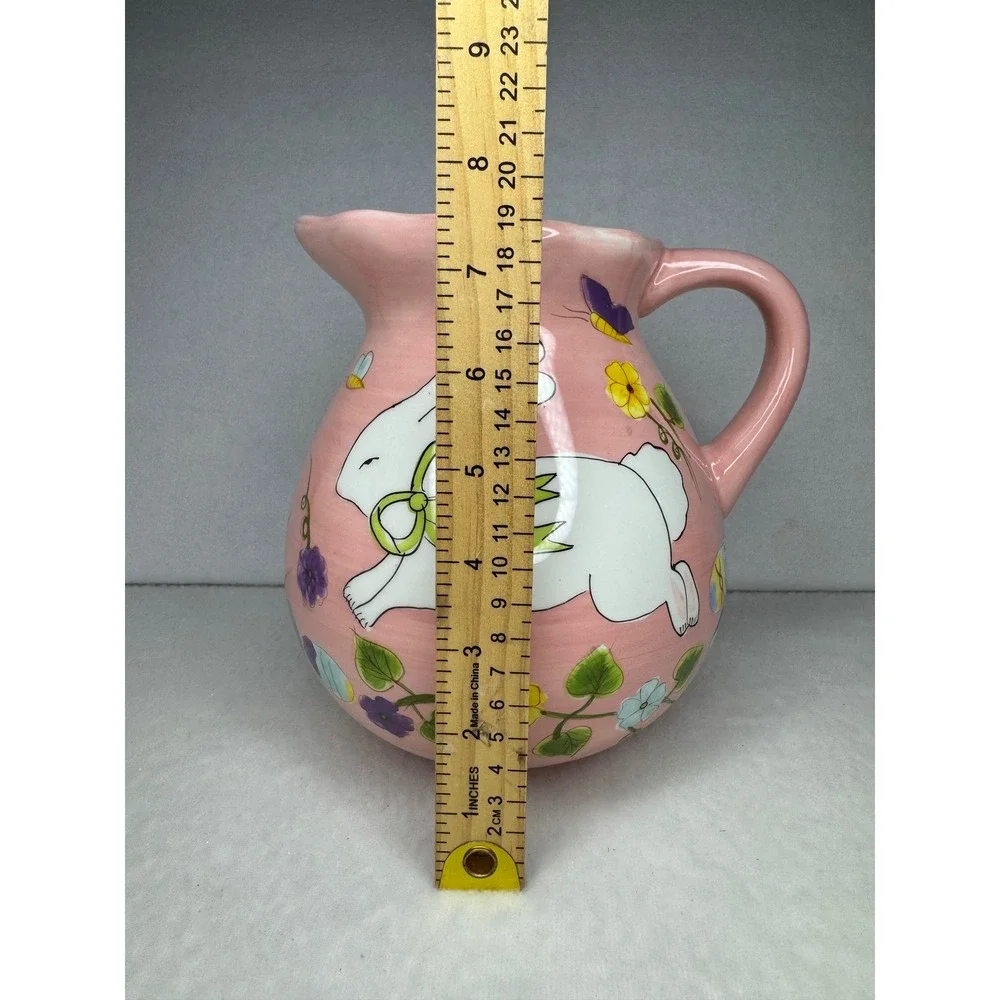 Gates Ware Easter Bunny Ceramic Pitcher Pink Floral Spring Rabbit‎ Large Juice